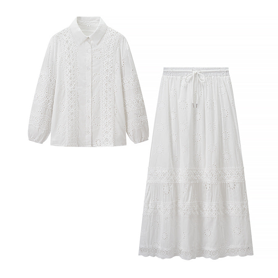 Damen Bluse und Maxirock Set Blumengestickt Norvielle