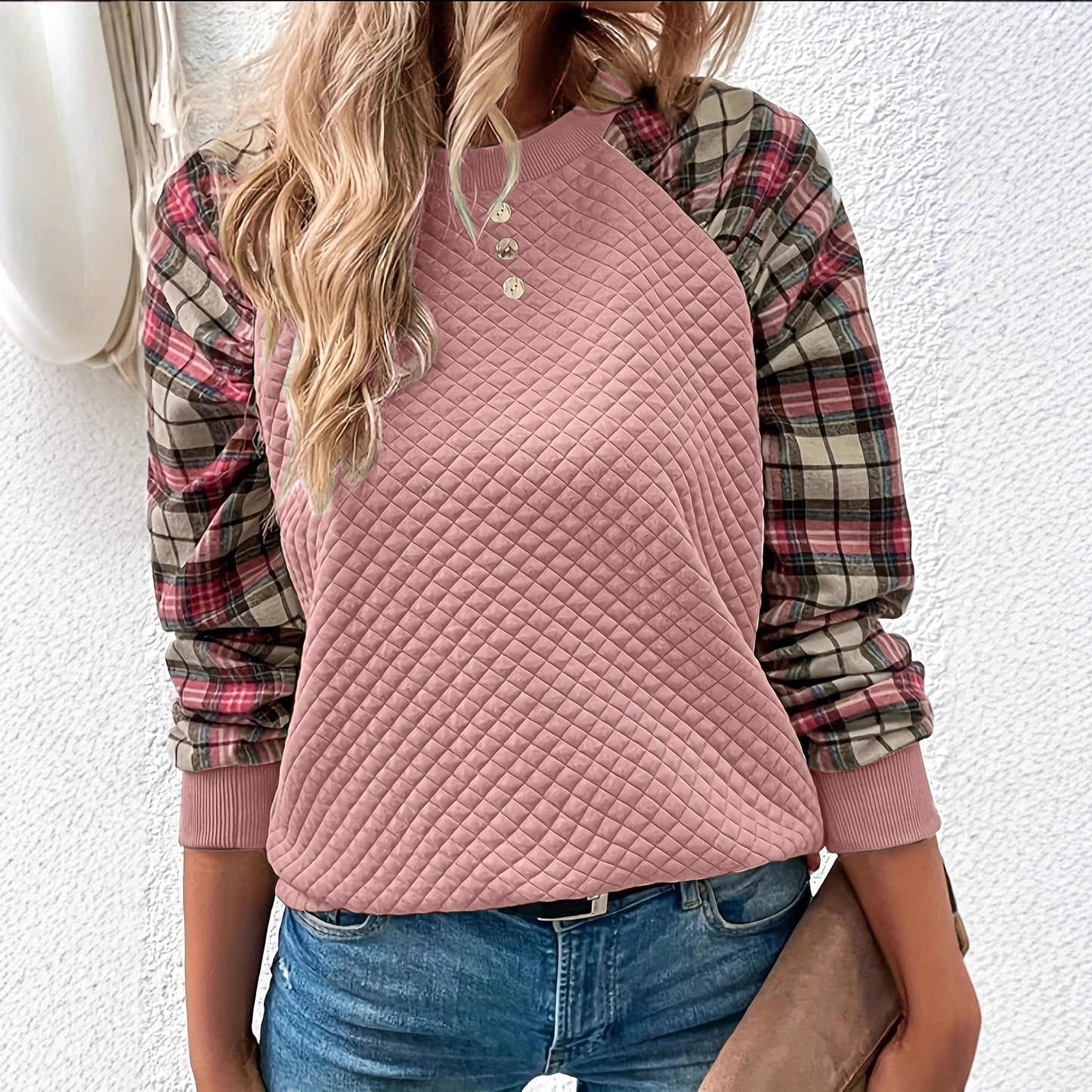 Damen Sweatshirt Gitterstruktur karierte Ärmel Norvielle