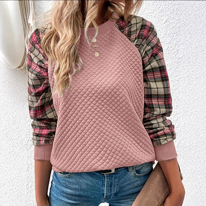Damen Sweatshirt Gitterstruktur karierte Ärmel Norvielle