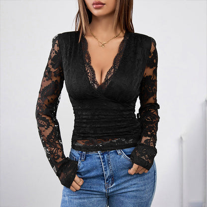 Damen Spitzenbluse V-Ausschnitt Raffungen Norvielle