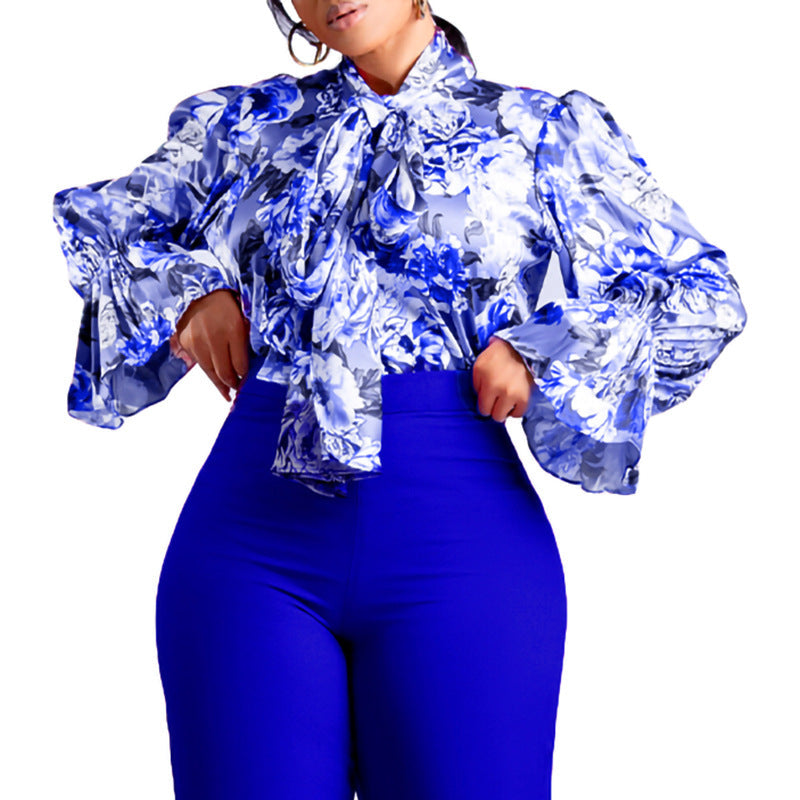 Damen Bluse Florales Muster Elegantes Schleifendetail