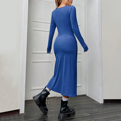 Damen Midikleid Figurbetont V-Ausschnitt Seitenschlitz