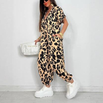 Damen Oversized Jumpsuit Leopardenmuster mit Taschen