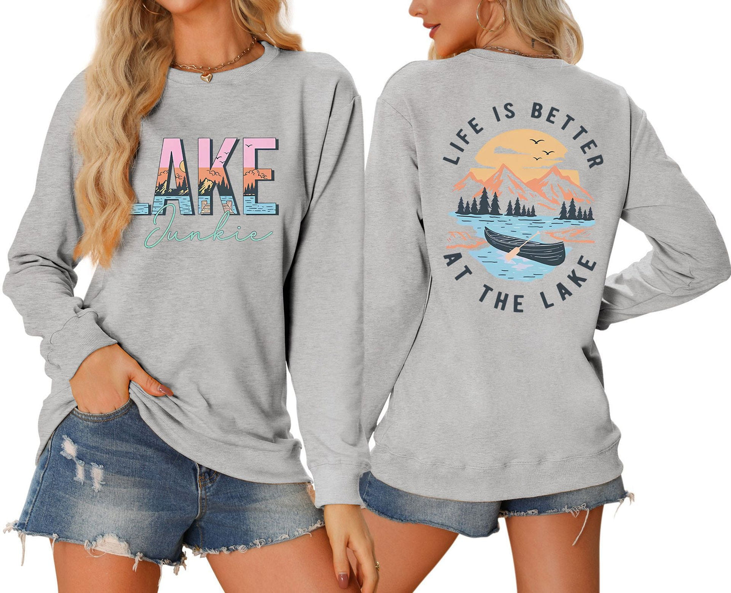 Damen Langarmshirt Lake-Motiv Leicht Lässig Weiß