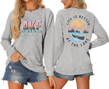 Damen Langarmshirt Lake-Motiv Leicht Lässig Weiß