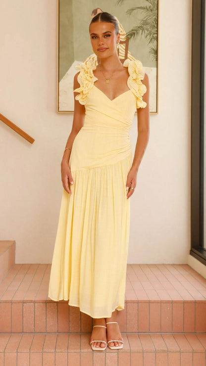 Damen Maxikleid V-Ausschnitt Rüschen Norvielle