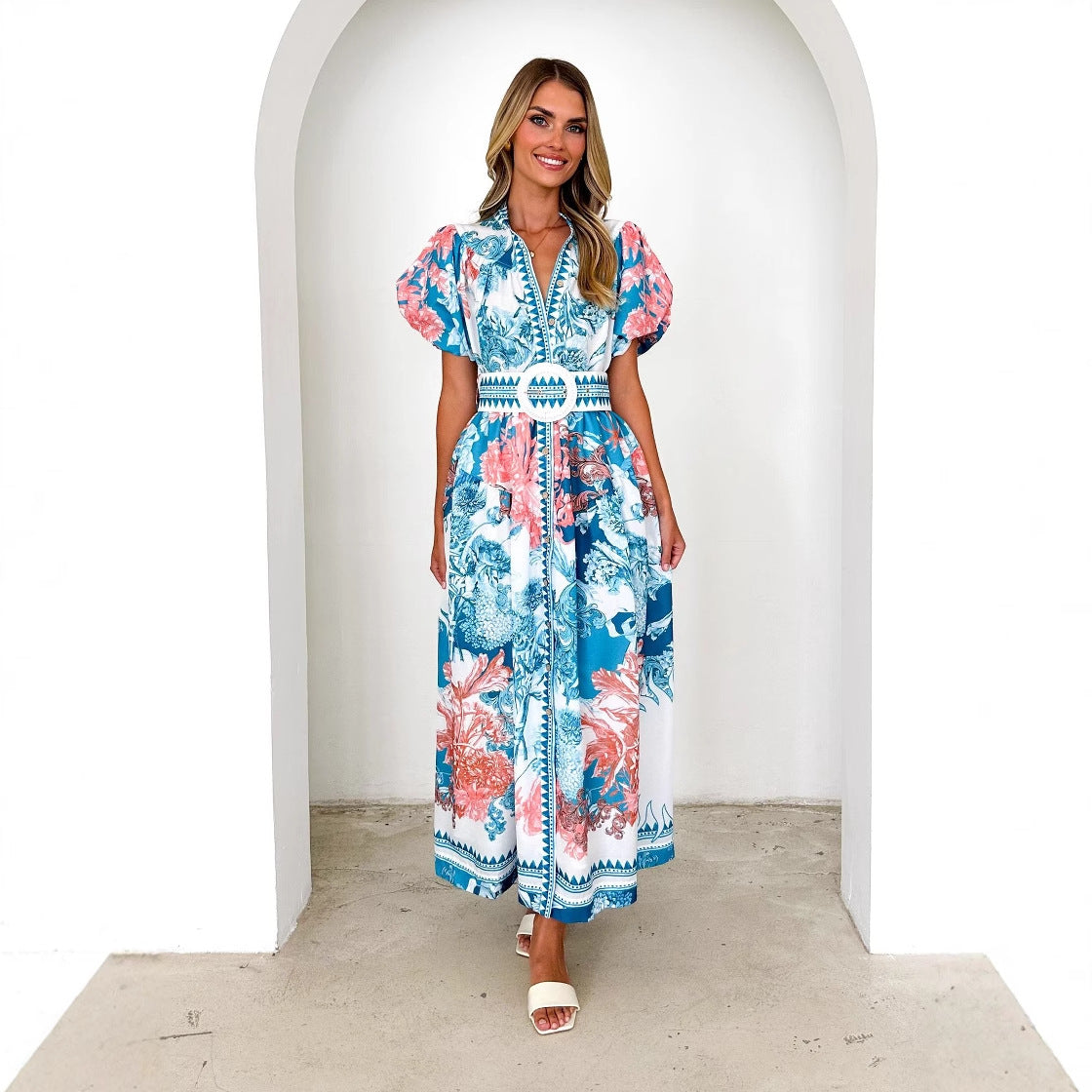 Damen Maxikleid mit Blumenmuster Voluminöse Ärmel Norvielle