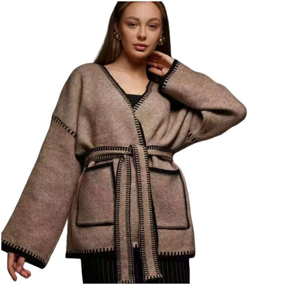 Damen Wickelpullover mit Taschen und Gürtel Elegantes Design