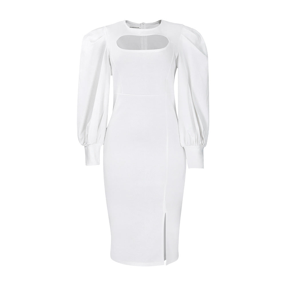 Damen Midi-Kleid Raffinierter Ausschnitt Voluminöse Puffärmel