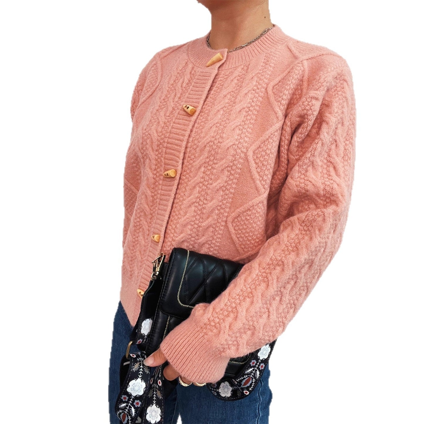 Damen Strickcardigan Weich Nautisches Zopfmuster Holzknöpfe Beige