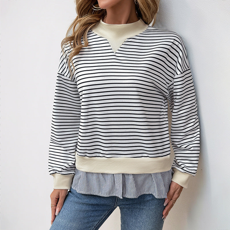 Damen Sweatshirt Asymmetrisches Streifenmuster Rüschenabschluss