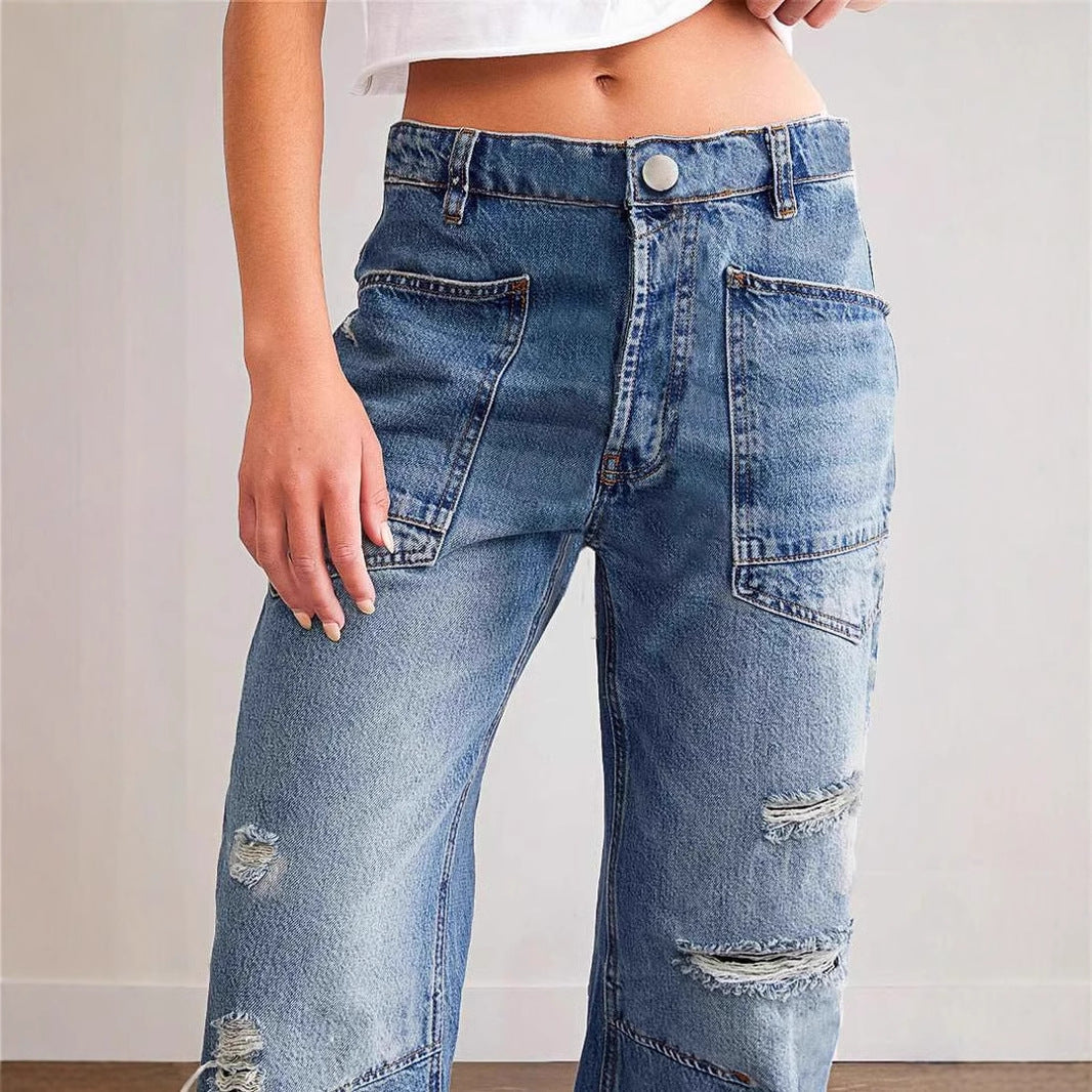 Damen Baggy Jeans Destroyed Vintage Look Cargo Taschen