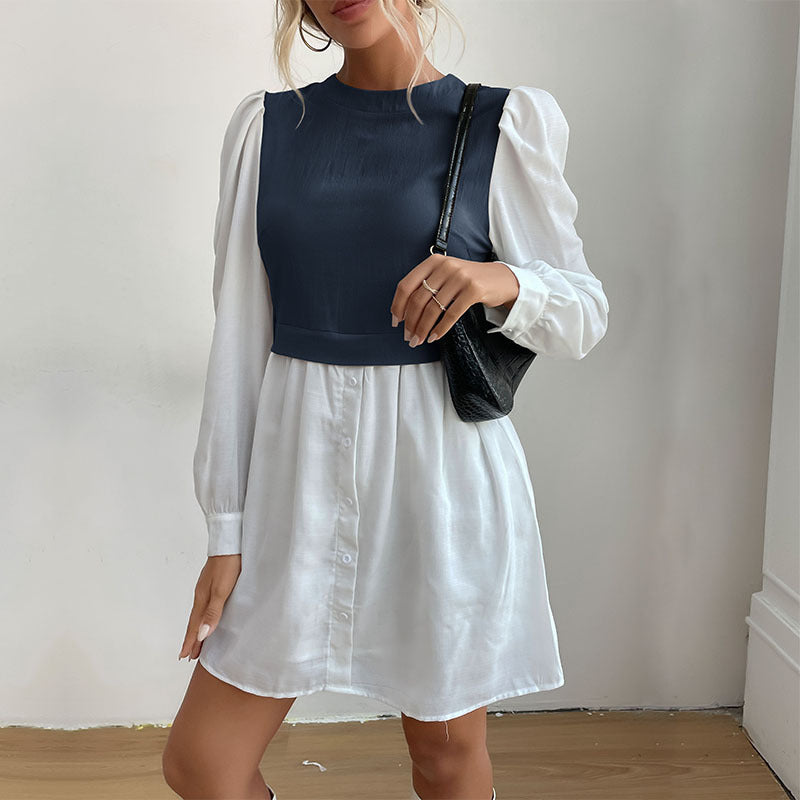 Damen Blusenkleid mit Kontrastärmeln Blusenstil