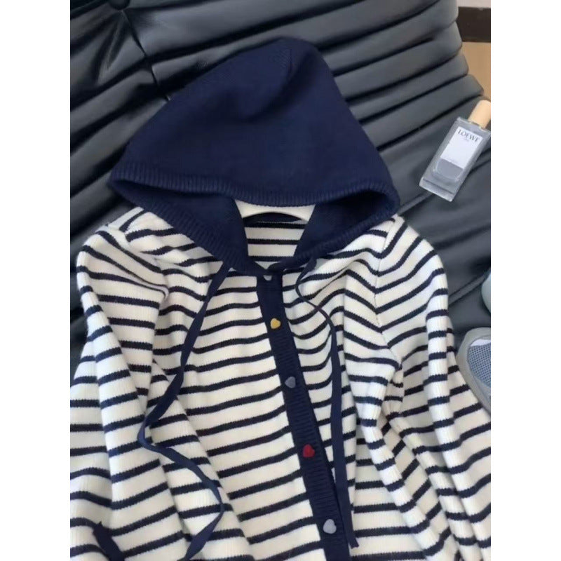 Damen Strickjacke Kapuze Gestreift Norvielle