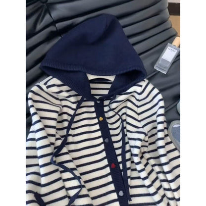 Damen Strickjacke Kapuze Gestreift Norvielle