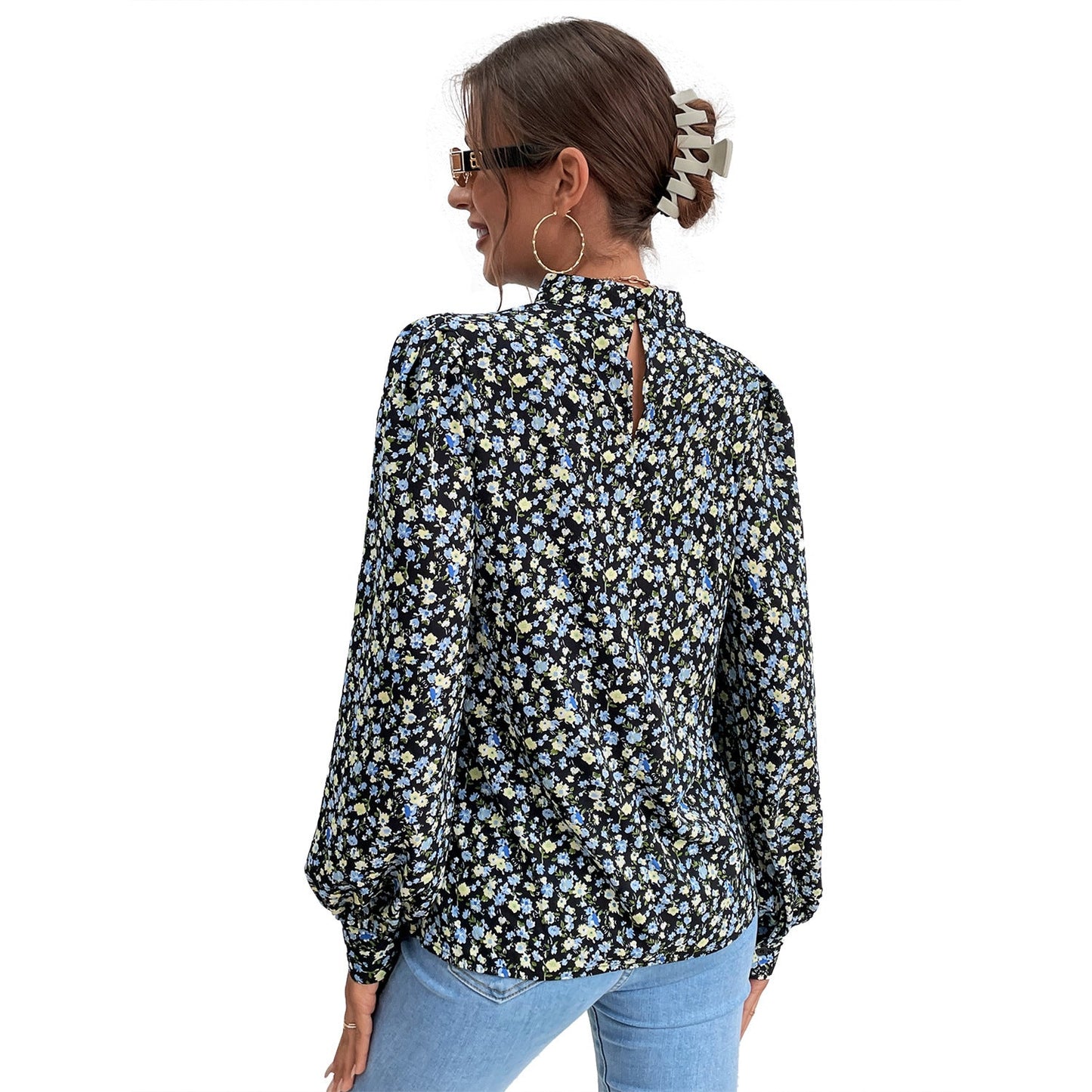 Damen Bluse Hochgeschlossener Kragen Voluminöse Ärmel Norvielle
