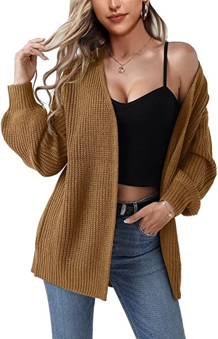Damen Grobstrick Cardigan Lässig Offene Maschen Beige