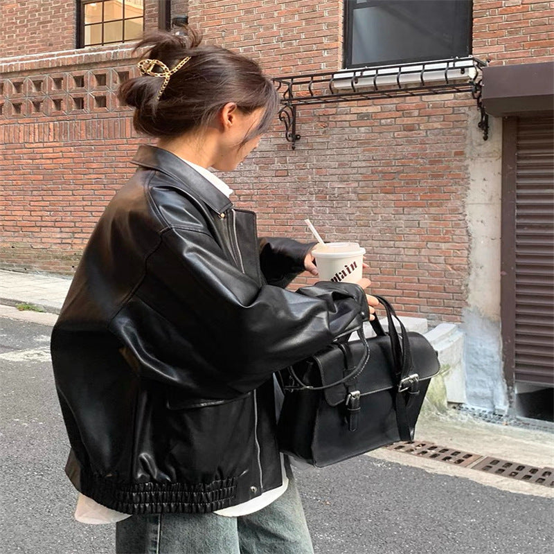 Damen Lederjacke Oversized Ärmel Elastischer Saum Norvielle