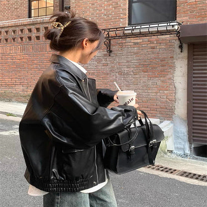 Damen Lederjacke Oversized Ärmel Elastischer Saum Norvielle