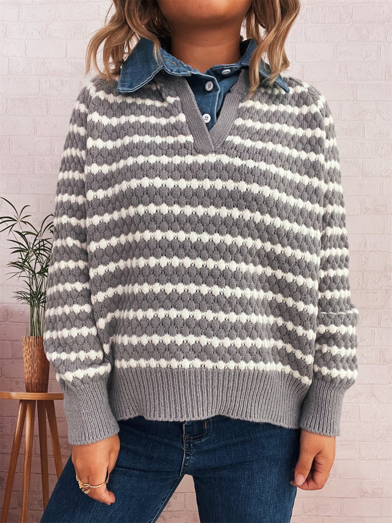 Damen Strickpullover V-Ausschnitt Streifenmuster