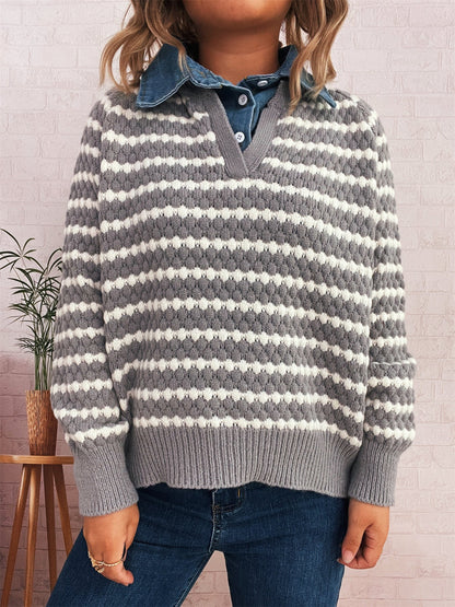 Damen Strickpullover V-Ausschnitt Streifenmuster