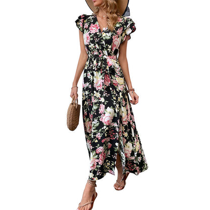 Damen Maxikleid mit floralem Muster, Schlitz und taillierbarem Gürtel