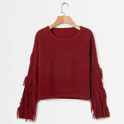 Damen Strickpullover mit Fransen Ärmeln und Komfortschnitt