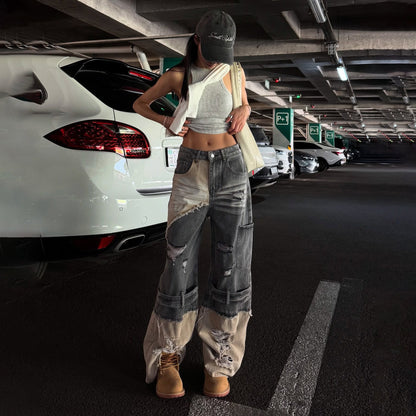 Damen Cargo-Jeans Ausgefranstes Design Tiefes Bein Schwarz Norvielle - Norvielle