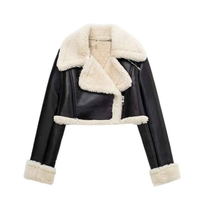 Damen Kurzjacke Lederoptik Teddyfutter