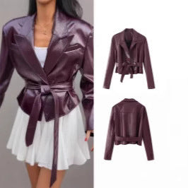 Damen Kunstlederjacke Mit Taillengürtel Schwarz - Norvielle