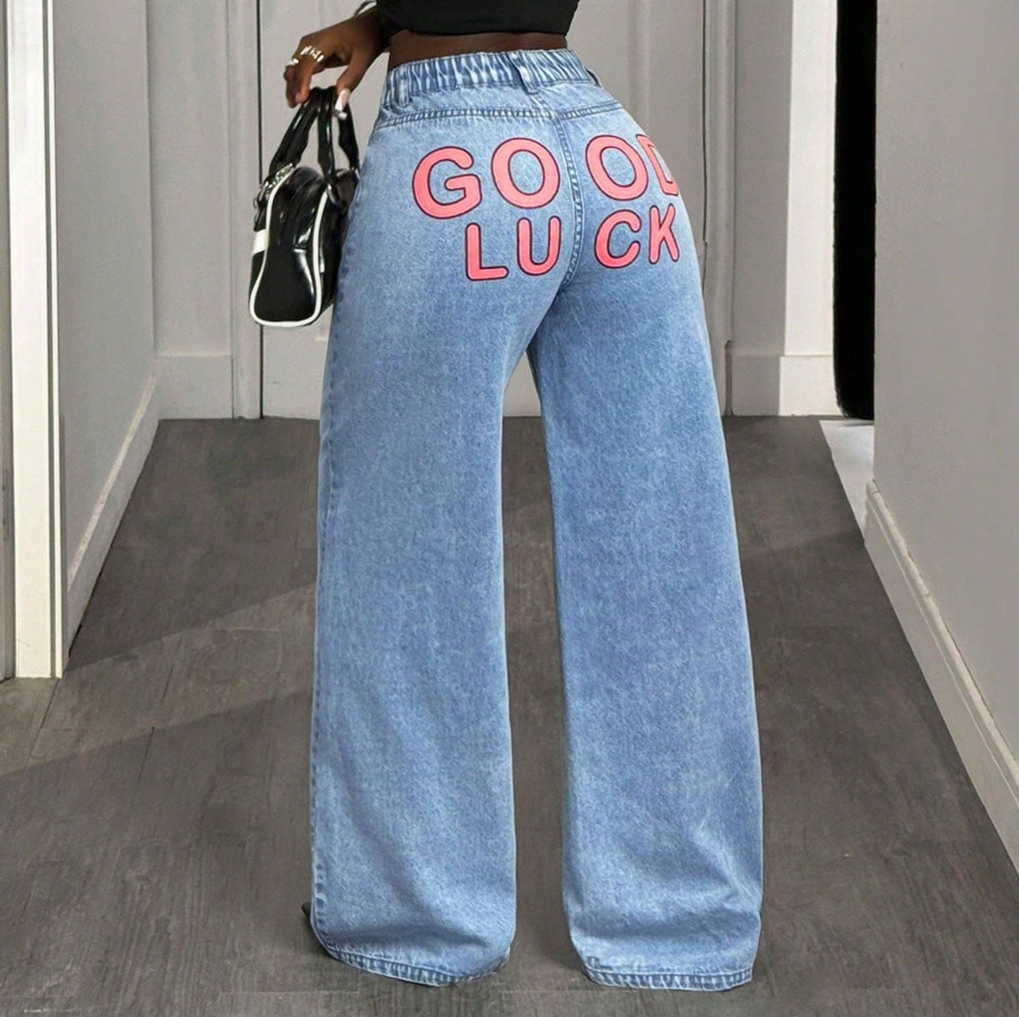Damen High-Waist Wide-Leg Jeans Statement-Print