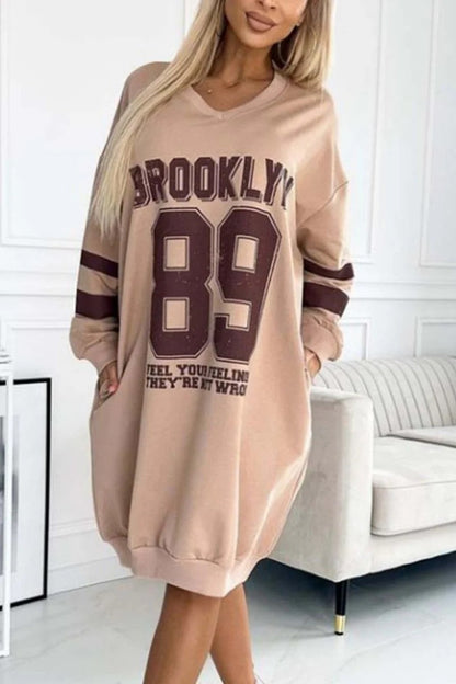 Damen Oversized Kleid Sportlich Grafikdruck V-Ausschnitt