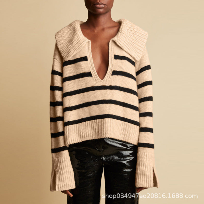 Damen Strickpullover V-Ausschnitt Übergroßer Kragen Norvielle - Norvielle