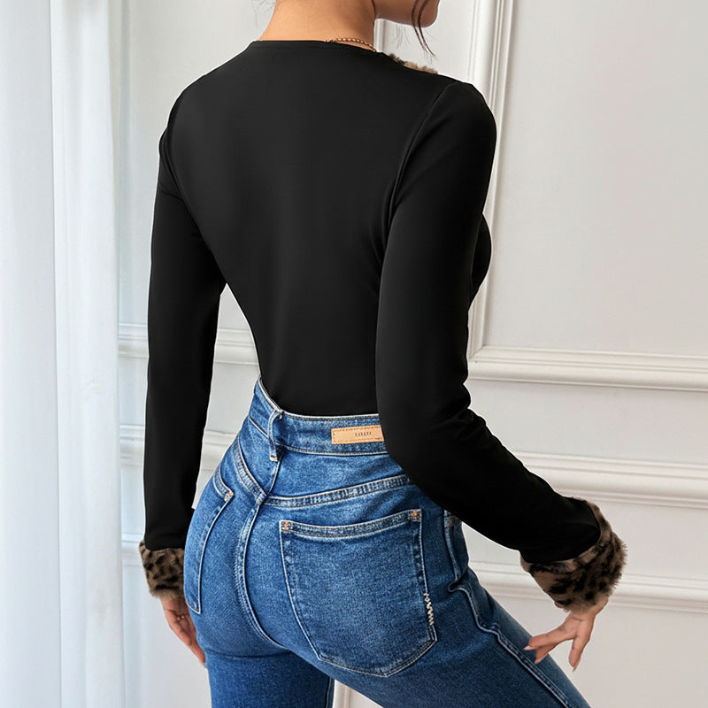 Damen Body V-Ausschnitt Leopardenmuster