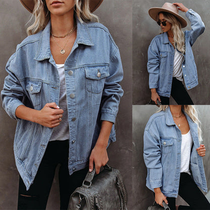 Damen Oversized Denimjacke mit Brusttaschen Blau - Norvielle