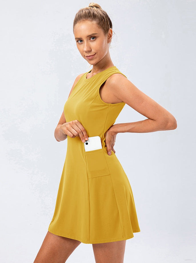 Damen A-Linien Tenniskleid Ärmellos Gelb Sportlich