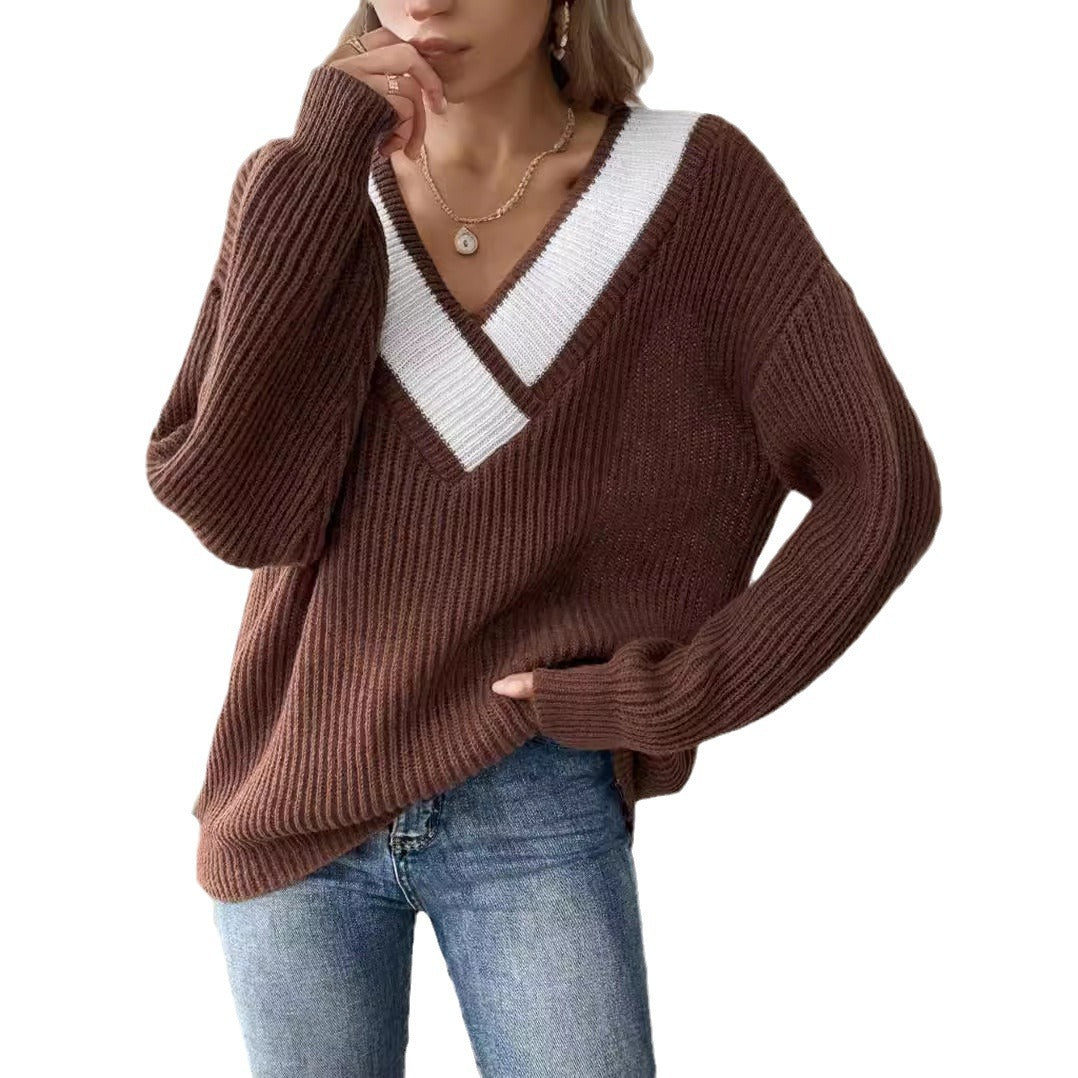 Damen Strickpullover V-Ausschnitt Rippenmuster Beige