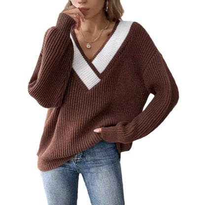 Damen Strickpullover V-Ausschnitt Rippenmuster Beige