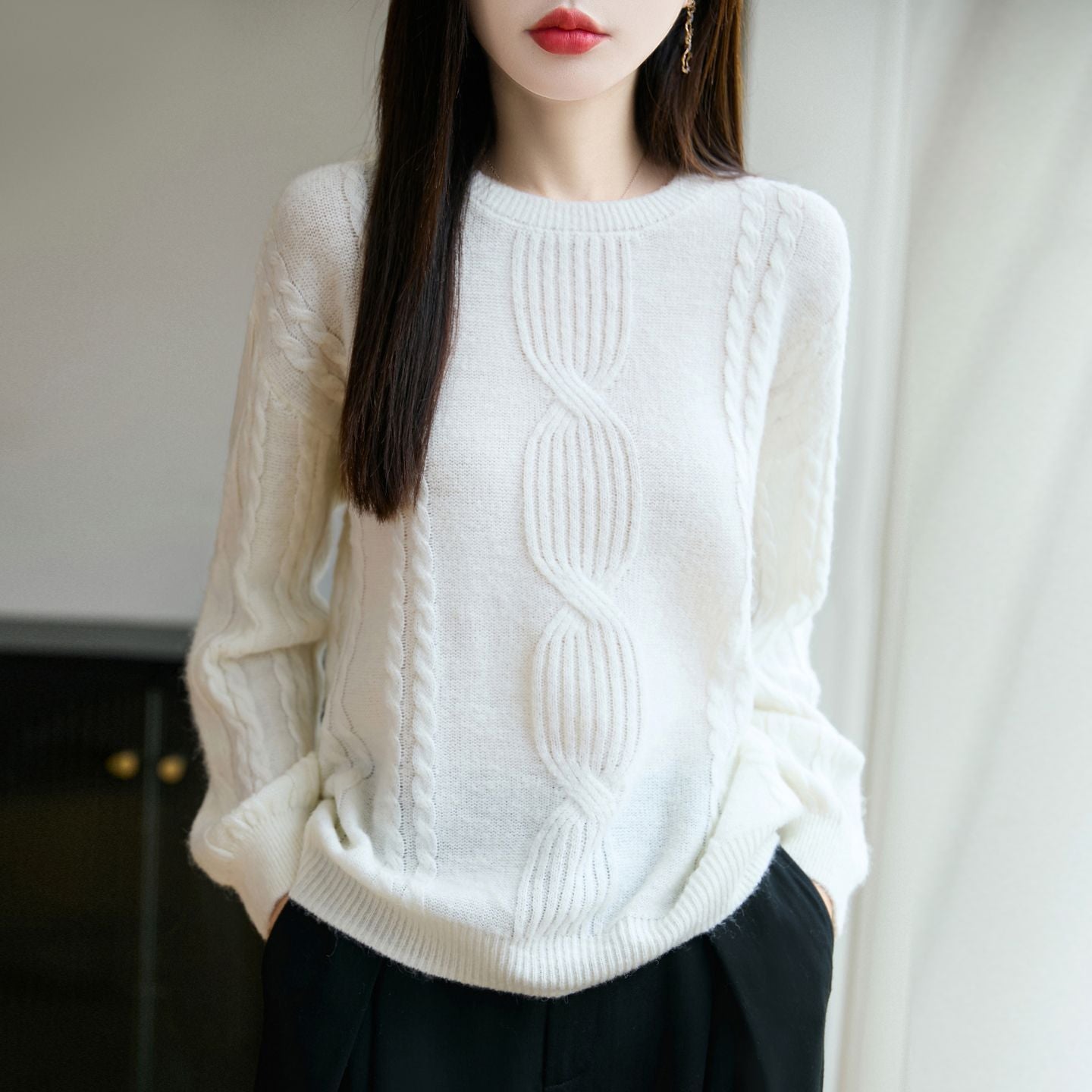 Damen Strickpullover Rundhals Zopfmuster Norvielle
