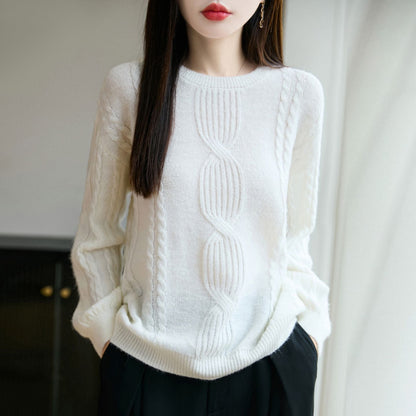 Damen Strickpullover Rundhals Zopfmuster Norvielle