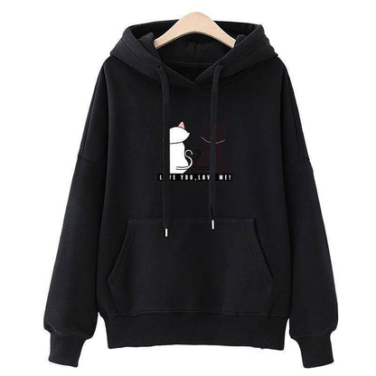 Damen Kapuzenpullover Katzenmotiv Kängurutasche Norvielle