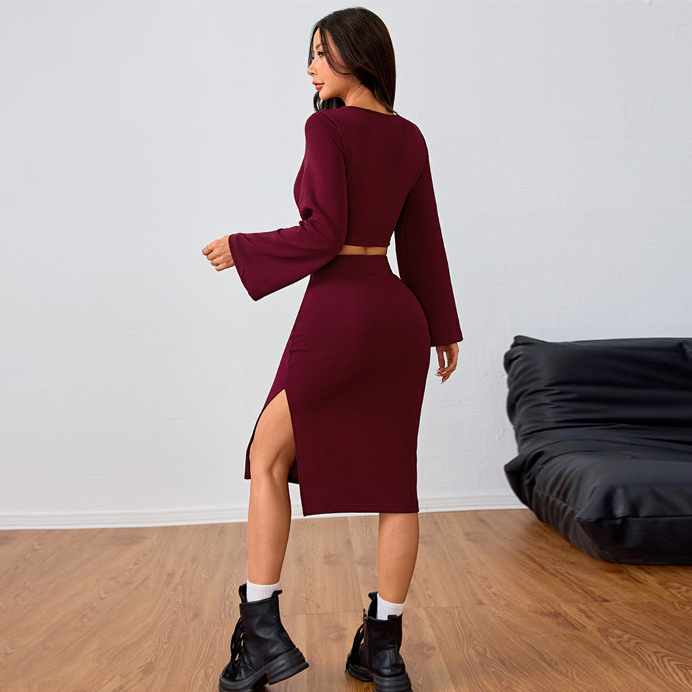Damen Set Leichtes Crop-Oberteil Figurbetonter Midi-Rock