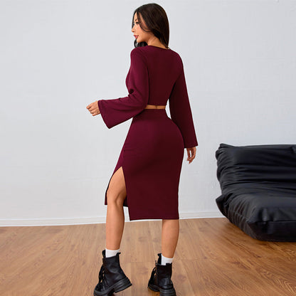 Damen Set Leichtes Crop-Oberteil Figurbetonter Midi-Rock