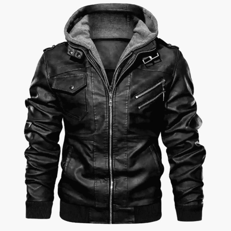 Herren Jacke Synthetisches Leder Abnehmbare Kapuze Schwarz - Norvielle