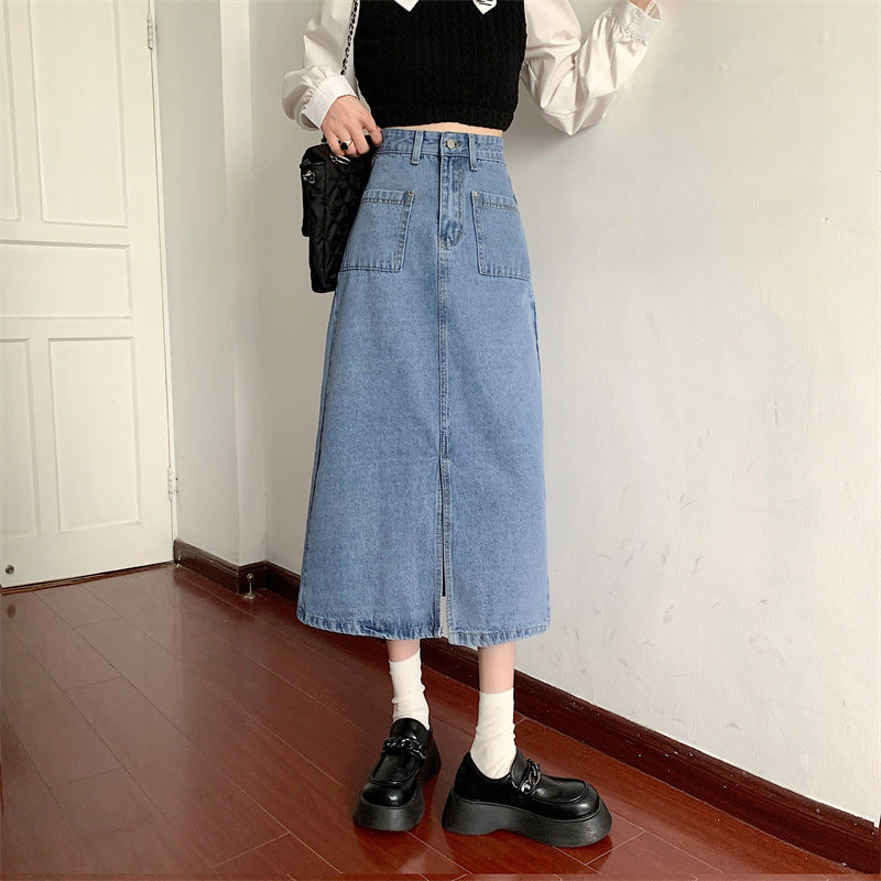 Damen Denim-Rock Lang mit Taschen Blau - Norvielle