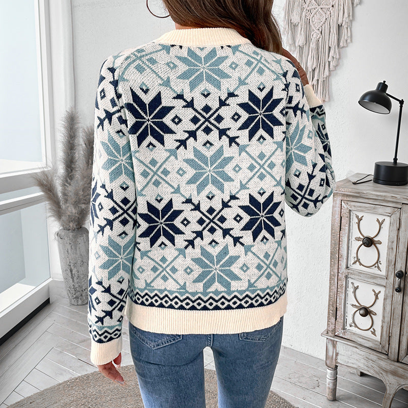 Damen Strickpullover Rundhalsausschnitt Wintermuster Norvielle