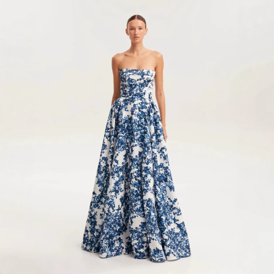 Damen Maxikleid Blütenmuster Schulterfrei Norvielle - Norvielle