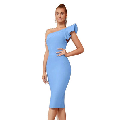 Damen Cocktailkleid Asymmetrischer Rüschenärmel Elegant