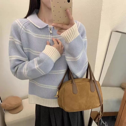 Damen Pullover Gemustert Stehkragen Kontrastdetails Norvielle
