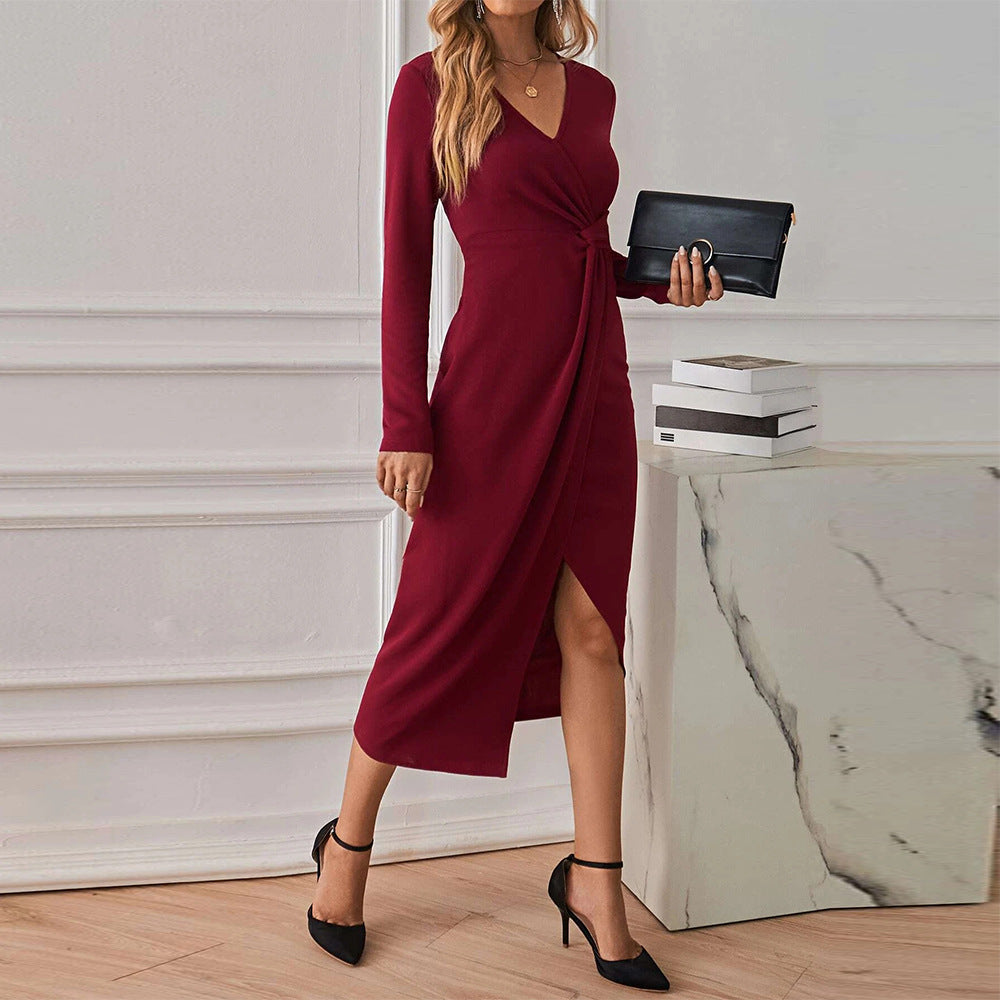 Damen Midikleid Eingedrehter Bund Tiefes Dekolleté Schwarz - Norvielle